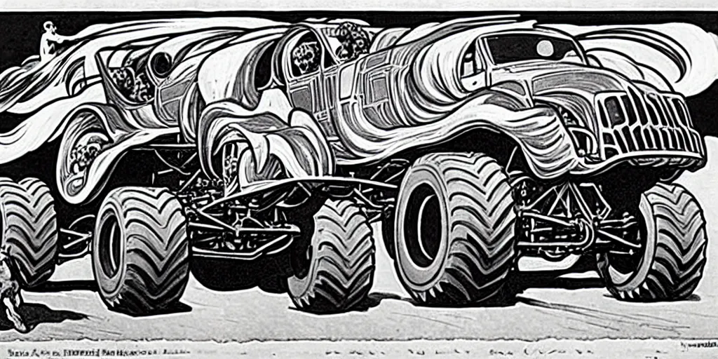 Image similar to monster truck rally, Alphonse Mucha