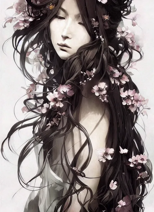 Prompt: beautiful long hairstyle with flowers and braids, pinterest hair picture, In style of Yoji Shinkawa and Hyung-tae Kim, trending on ArtStation, dark fantasy, great composition, concept art, highly detailed, dynamic pose.