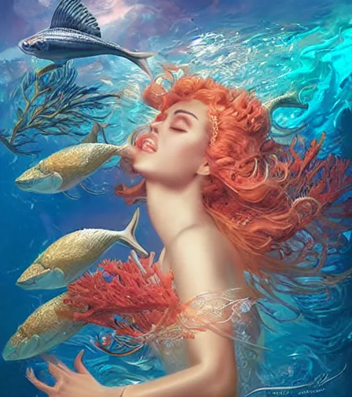 Prompt: goddess of the sea, brilliant coral reef surrounding her, fish swimming in background, digital art by artgerm and karol bak