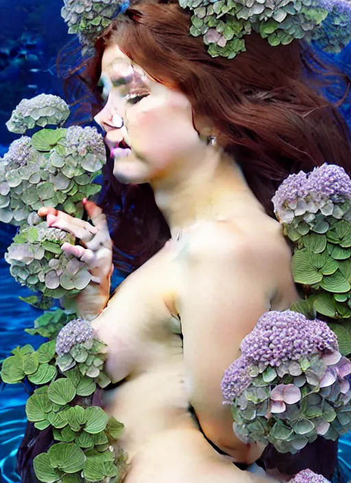 Prompt: an underwater photographic portrait of a seductive sleeping anthropomorphic hydrangea blossom, a perfect face!!!, fantasy, art nouveau, intricate, elegant, very very highly detailed, digital painting, artstation, concept art, smooth, super sharp focus, illustration, art by artgerm and h r giger and alphonse mucha