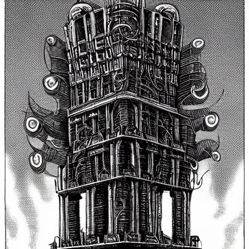 Prompt: lovecraftian machine tower with fleshy tendrils and eyeball at top overlooking dystopian wasteland