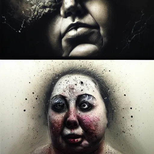 Image similar to portrait of the face of big fat old sumoringer as despair from sandman, venus of willendorf, by jeremy mann, by gregory crewdson, by bastien lecouffe deharme, by russ mills, sad face, topknot, black hair, mourning, black eyes, white room, soft lightning, high detailed, 8 k