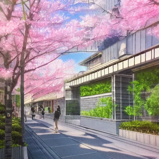 Prompt: walk in tachikawa - shi, tokyo. near a futuristic health and wellness clinic. volumetric lighting, spring, nice weather, realistic illustration, perfectly shaded, soft painting, art