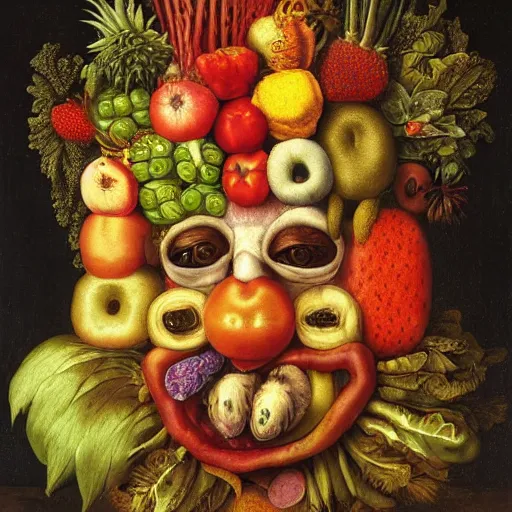 Prompt: a man made out of fruits and vegetables by giuseppe arcimboldo, oil on canvas
