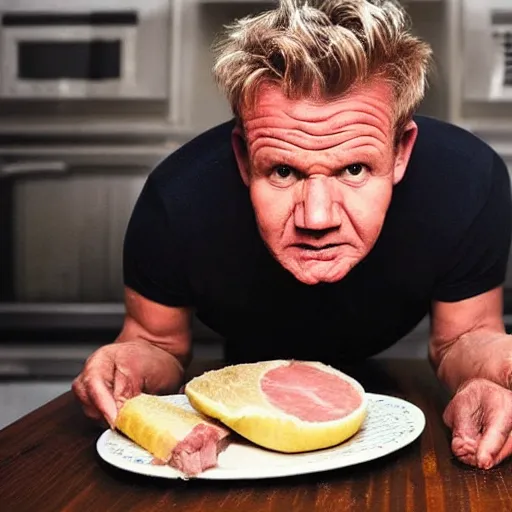 Prompt: gordon ramsay's face on a cooked leg of ham on a plate