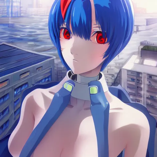 Image similar to anime art, anime fullbody shot of female rei ayanami, long blue hair and large eyes, finely detailed perfect face, in a modern skintight plugsuit, laying on a rooftop, flooded metropolis in ruins, red sea, trending on pixiv fanbox, evangelion, extremely high quality artwork by ilya kuvshinov