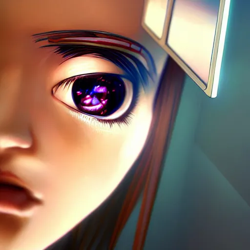 Image similar to digital anime, cyborg - girl looking into a mirror, reflections, wlop, ilya kuvshinov, artgerm