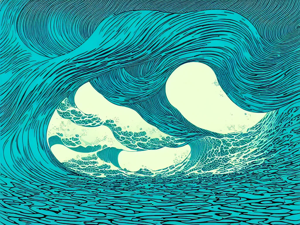 Image similar to ocean wave by balmy enso, jamie hewlett, nicolas delort, moebius, victo ngai, josan gonzalez, kilian eng