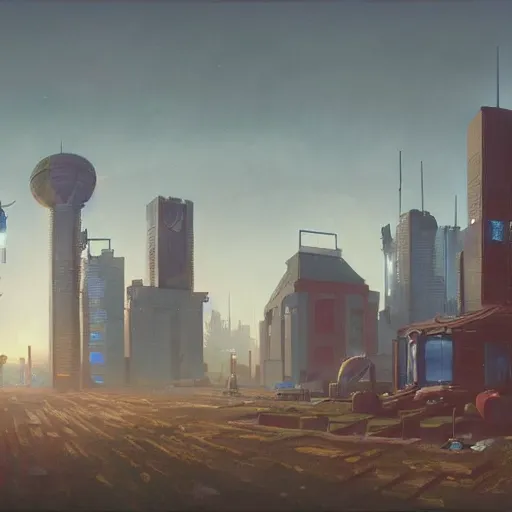 Image similar to A cyberpunk buildings with the sun shining through the clouds in utopia by Simon Stålenhag and Greg Rutkowski,In style of Grant Wood.hyper detailed,8K Resolution,unreal engine 5,Ray Tracing,highly realistic.trending on Artstation