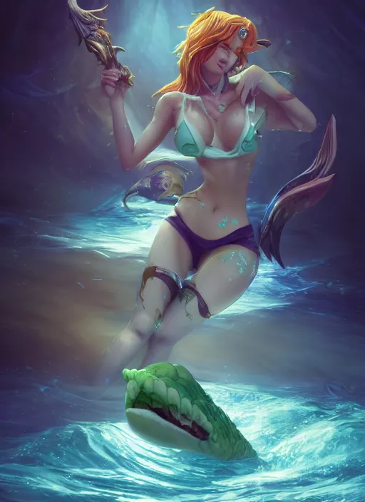 Prompt: nami the siren, from league of legends, au naturel, swimming underwater, green skin, hyper detailed, digital art, trending in artstation, cinematic lighting, studio quality, smooth render, unreal engine 5 rendered, octane rendered, art style by klimt and nixeu and ian sprigger and wlop and krenz cushart