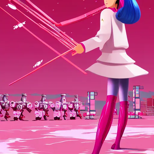 Image similar to a japanese woman battles pink robots, illustrated, detailed, 4 k