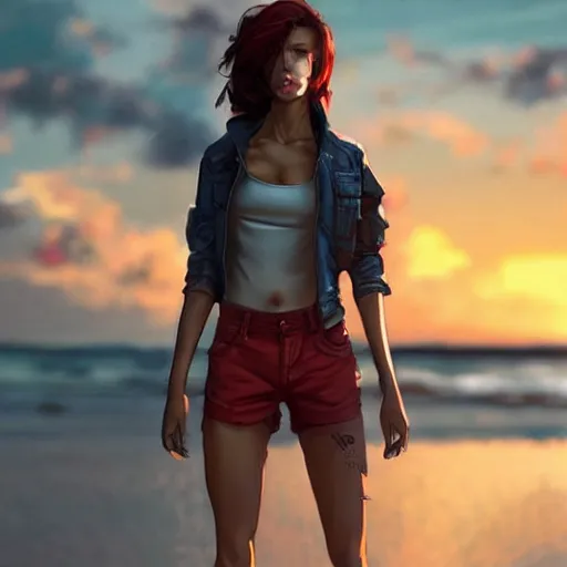 Prompt: full body character deisgn by artgerm, yoji shinkawa, greg rutkowski. cute eastern european cyborg scarlet red haired woman, steel gray body, denim shorts, cropped shirt with jacket, beach sunset background, soft smile, bold pose, 8 k ultra detailed, elegant, octane render