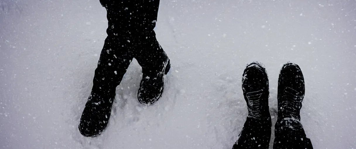 Image similar to top view extreme closeup movie like 3 5 mm film photograph of the silhouette of a man's boots walking through the antarctic snow during a heavy blizzard