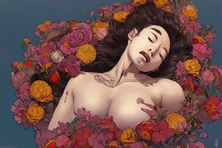 Image similar to top view, beautiful mulatto girl lying inside exotic flower, gorgeous, in the style of Jin Kagetsu, James Jean and wlop, Valentin Serov style, highly detailed, sharp focus, intricate concept art, digital painting, ambient lighting, 4k, artstation trending on Gsociety, trending on ArtstationHQ, trending on deviantart, professionally post-processed, wide-angle action dynamic portraithyperdetailed, hyper quality, 16K