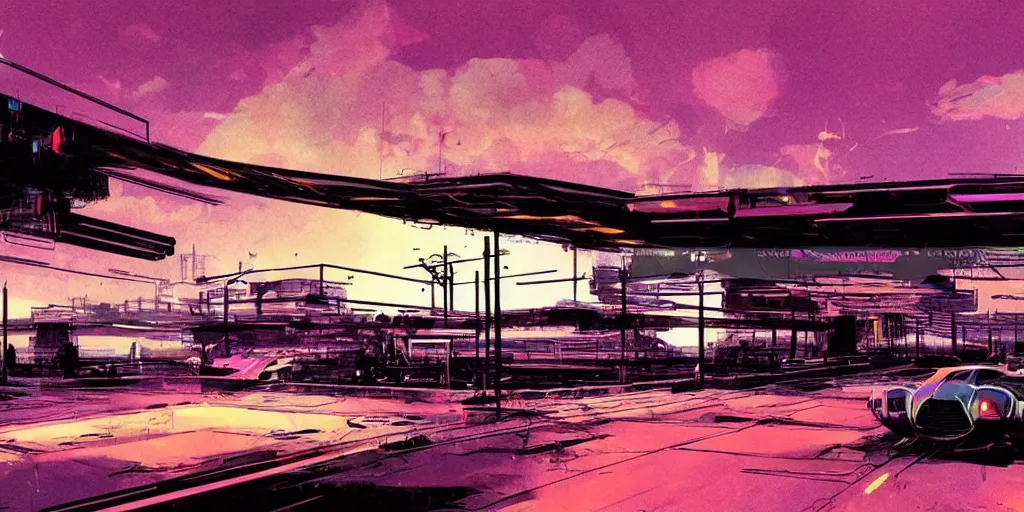 Prompt: post apocalyptic wasteland neon futuristic cyberpunk vaporwave tron glow sunset clouds sky highway overpass bus depot illustration by syd mead concept art