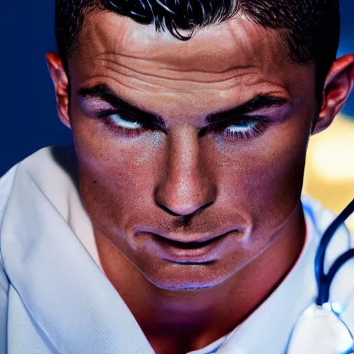 Image similar to cristiano ronaldo as doctor, accurate, 30mm, face, soft colours, dramatic lighting, nikon