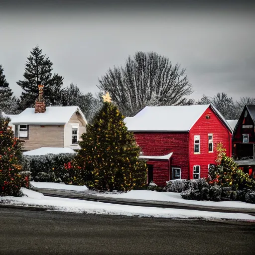 Image similar to A small rural town and neighborhood with small houses from the foreground into the horizon of the background on long roads and streets decorated with Christmas themed objects on their lawns, in the winter months of december, snow is everywhere, it is currently snowing and cloudy, very nostalgic, very melancholic, dramatic angle, rotoscoped, rotoscope, photoshop, photomanipulation, realism, painting, illustration and sketch, weird scribbles, hybrid styles, hybrid art styles, mismatched, trending on artstation, trending on deviantart, weird, quirky, interesting, very detailed, highly detailed, HD Quality, 4k resolution, 8k resolution, in the style of David Firth, in the style of James Lee, in the style of Drue Langlois,