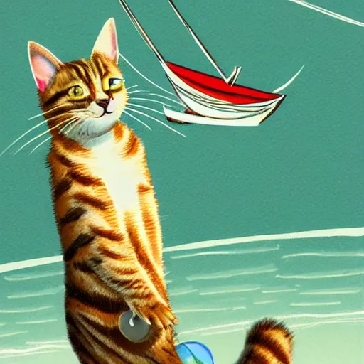 Image similar to tabby cat with green eyes steering a sail boat, trending on artstation