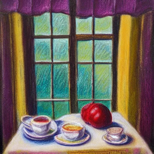 Image similar to a still life pastel painting of a breakfast table overlooking an open window