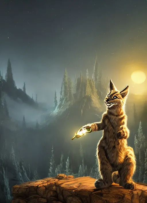 Image similar to anthropomorphic lynx holding a golden shiny scepter, night, spruce trees on the sides, mountains in the background, eerie dark atmosphere, moonlit, back light, fantasy movie, fantasy art, fantasy matte painting, trending on artstation