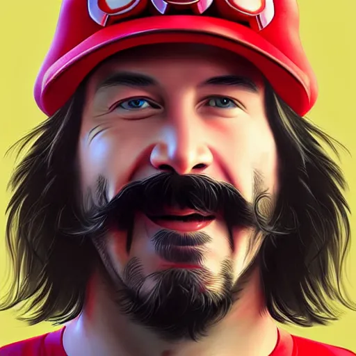 Image similar to keanu reeves dressed as mario , digital art , hyperdetailed , trending on artstation , matte painting , CGSociety , pinterest