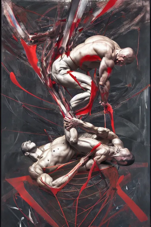 Image similar to two muscular men entwined, floating inside a brutalist space ship, gothic, rich deep colours, painted by francis bacon, adrian ghenie, james jean, petra cortright and jenny saville, part by gerhard richter, part by takato yamamoto. 8 k 3 d