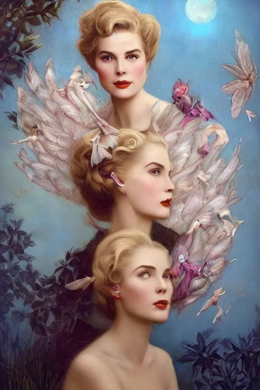 Image similar to A young and extremely beautiful Grace Kelly explaining the birds and the bees by Tom Bagshaw in the style of a modern Gaston Bussière, art nouveau, art deco, surrealism. Extremely lush detail. Night scene. Perfect composition and lighting. Profoundly surreal. Lush surrealistic photorealism. Sultry and mischevious expression on her face.