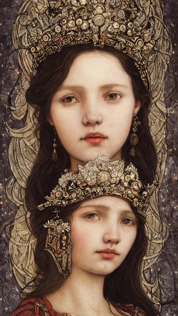 Prompt: breathtaking detailed soft painting of one girl with black hair and a white dove behind her, gauze dress of fireflies and art nouveau crown of embers, viking culture, rembrandt style, detailed art nouveau stained glass of flames, christian saint rosace, elegant, highly detailed, artstation, concept art, matte, sharp focus, art by Tom Bagshaw, Artgerm and Greg Rutkowski