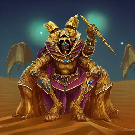 Prompt: Undead Mage titled Scarab Lord sitting on a armored scarab in the sahara desert