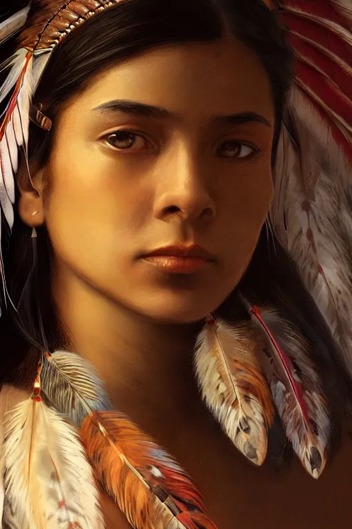 Image similar to portrait of native american indian girl with feathers, staring directly into camera, intricate, elegant, glowing lights, highly detailed, digital painting, artstation, sharp focus, illustration, art by wlop, mars ravelo and greg rutkowski