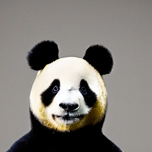 Prompt: happy panda wearing a yellow turtleneck, studio, portrait, facing camera, studio, dark bg