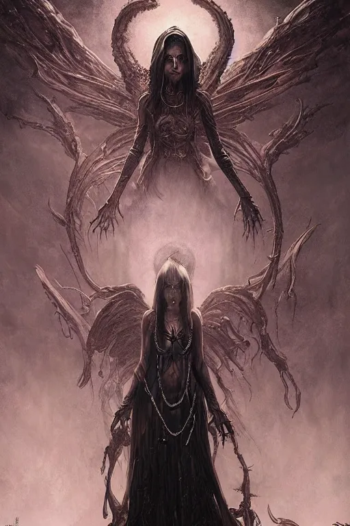 Image similar to evil, lovecraftian, mystic occult arcane, undead, eldritch fallen angel sorcereress alien. dark fantasy art by greg rutkowski, jim burns, gustave dore, amanda sage and junji ito. 8 k resolution concept art photorealism poster art