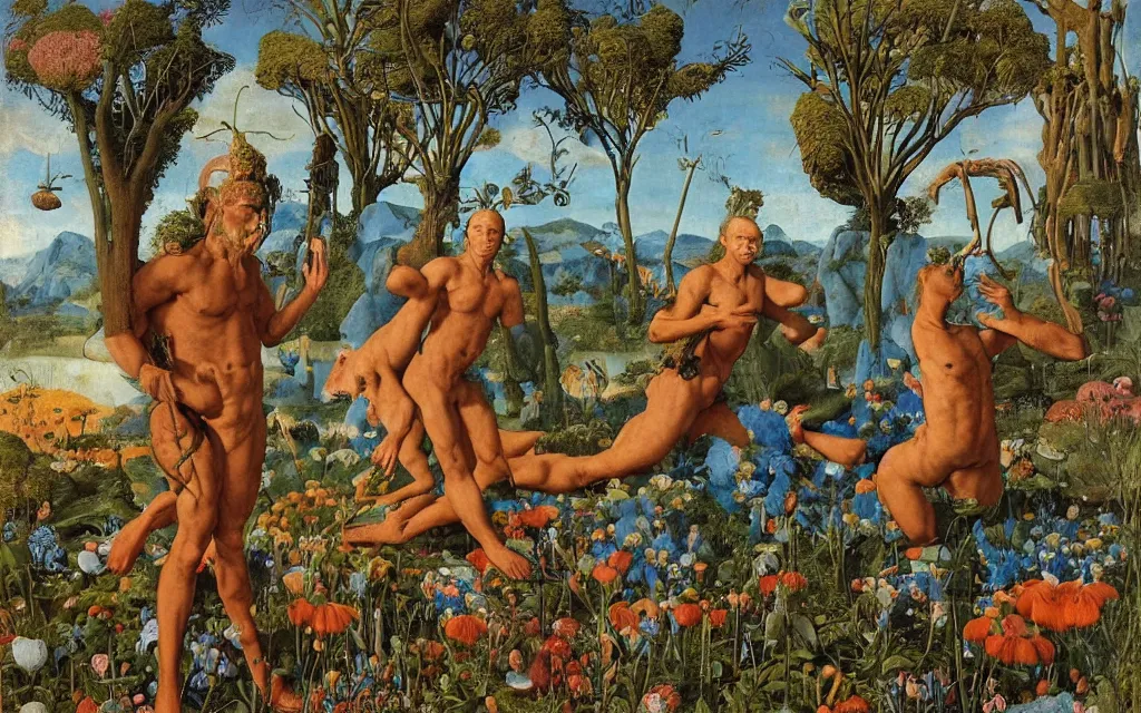 Image similar to a portrait photograph of a meditating satyr and a centaur monk riding a rocket machine and hunting at a river delta. surrounded by bulbous flowers and trees. mountain range under a blue sky of fiery stars. by jan van eyck, max ernst, ernst haeckel, ernst fuchs and artgerm, cgsociety, fashion editorial, 8 k