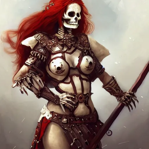 Image similar to cute & beautiful smug smiling undead skeleton girl with very attractive face and red hair dressed as a roman warrior, elegant, digital art, fullbody painting, fantasy, pixar style, painting, pin up, highly detailed, artstation, art by artgerm, vrubel, greg rutkowski, ilya kuvshinov, raymond swanland