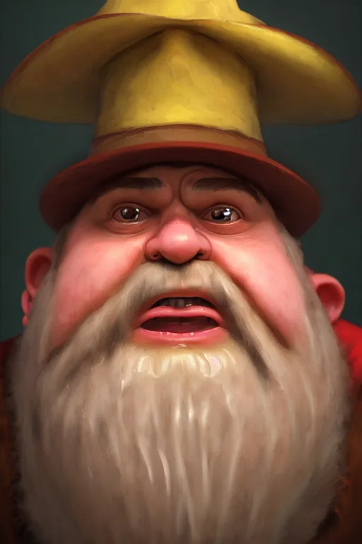 Prompt: a shifty fat high fantasy gnome mall cop with a cowboy hat, Oil Painting, hyperrealistic, octane render, Detailed Digital Art, RPG portrait, 3/4 bust, William-Adolphe Bouguereau, Michael Cheval, dynamic lighting, Highly Detailed, Cinematic Lighting, 8k, HD