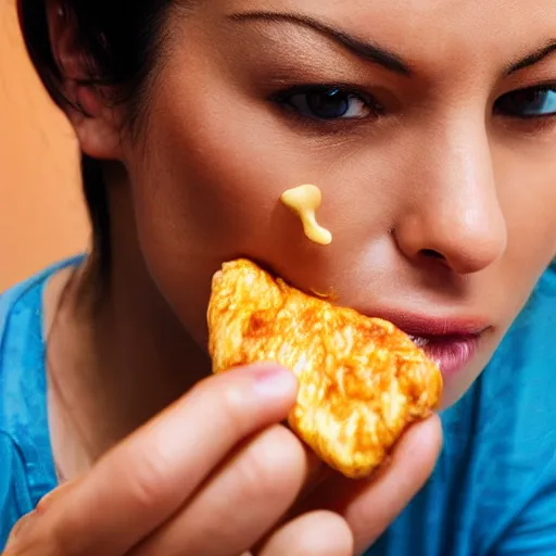 Image similar to A woman eating chicke, close up, realistic, ultra high detail, 8k.