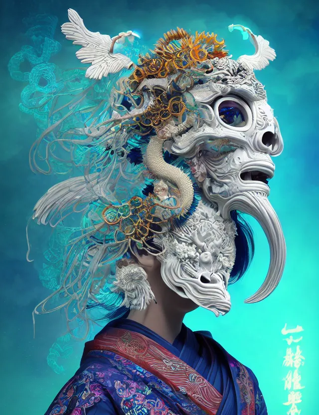 Image similar to 3 d goddess close - up profile solarpunk portrait ram skull. beautiful intricately detailed japanese crow kitsune mask and clasical japanese kimono. betta fish, jellyfish phoenix, bio luminescent, plasma, ice, water, wind, creature, artwork by tooth wu and wlop and beeple and greg rutkowski