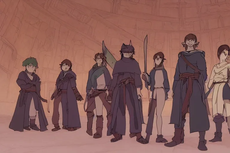 Image similar to cell shaded key visual of a group of adventurers in the throne room of the demon king, dramatic lighting, in the style of studio ghibli, moebius, makoto shinkai,