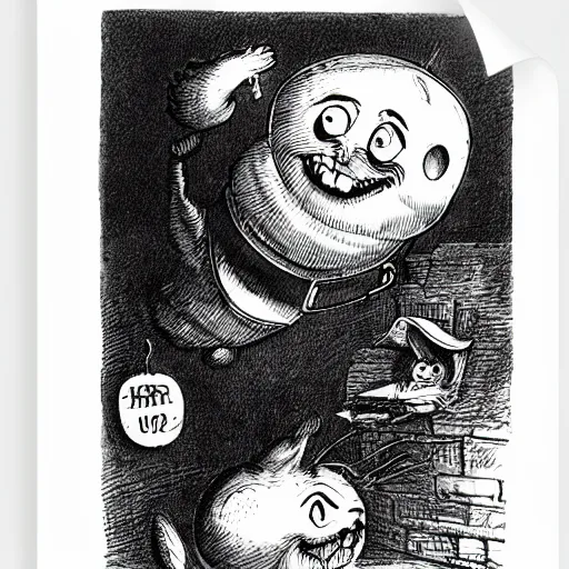 Prompt: cheshire cat knocking humpty dumpty off wall, by john tenniel