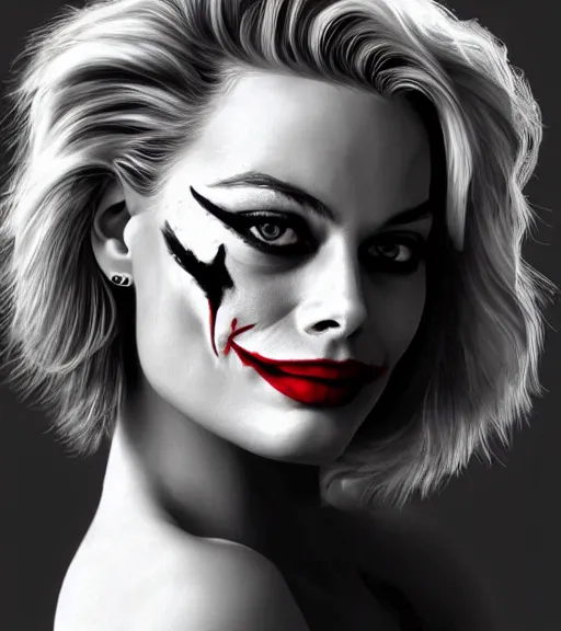 Image similar to beautiful margot robbie portrait with joker makeup with faded outline, in the style of den yakovlev,, black and white realism drawing, hyper realistic, highly detailed