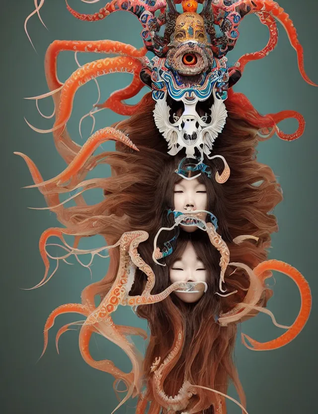 Image similar to 3 d goddess squid half - turn portrait with long hair with ram skull. beautiful intricately detailed japanese crow kitsune mask and clasical japanese kimono. betta fish, jellyfish phoenix, bio luminescent, plasma, ice, water, wind, creature, artwork by tooth wu and wlop and beeple and greg rutkowski