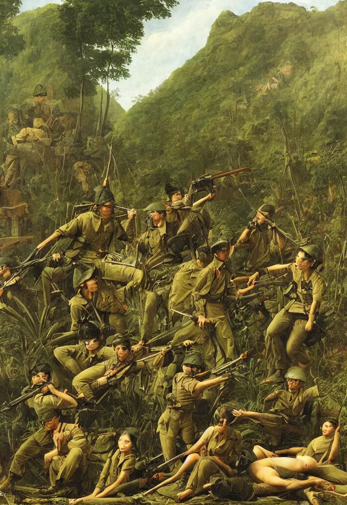 Image similar to vietnam war portrait by jacques - louis david, green jungle, helicopters, battlefield, tanks