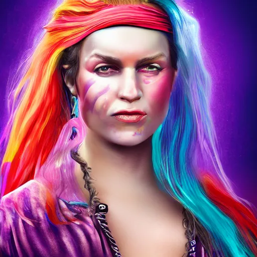 Prompt: professional portrait of a pirate with her skin painted iridescent colors. She is Swashbuckling. Digital art. 8k