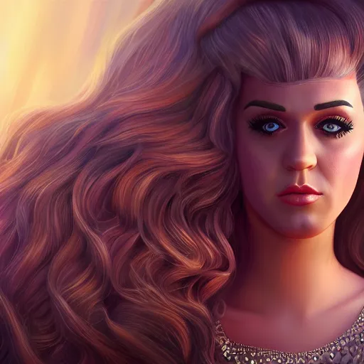 Image similar to portait princess katy perry, centred, very long hair, hd, unreal engine, art digital painting, amazing background theme