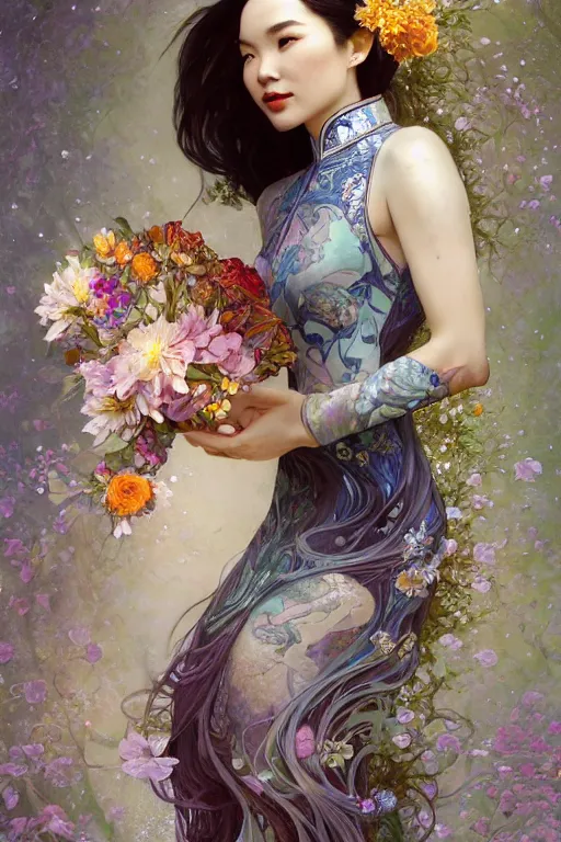 Image similar to portrait of a beautiful woman wearing a cheongsam dress, holding a bouquet of flowing flowers, drenched body, silver hair, emerging from the water, dark fantasy, regal, fractal crystal, fractal gems, by ross tran, stanley artgerm lau, thomas kindkade, alphonse mucha, loish, norman rockwell