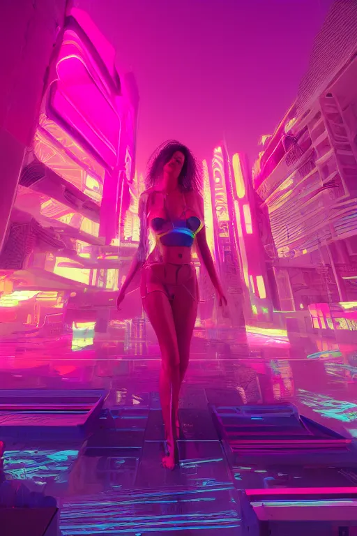 Image similar to cyberpunk syntwave beach, midday, pink neon lights, futuristic, cgsociety, in the style of artstation