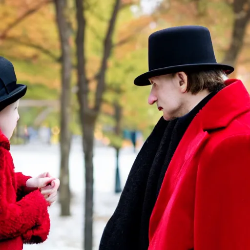 Prompt: A thin man in a black coat and bowler hat talks with small young girl dressed in a red coat and a red hat, park, autumn, Berlin, in style of valentine serov, wide angle, high detail, width 768