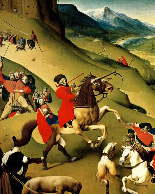 Prompt: Napoleon Crossing the Alps by Jacques-Louis David painting by Hieronymus Bosch