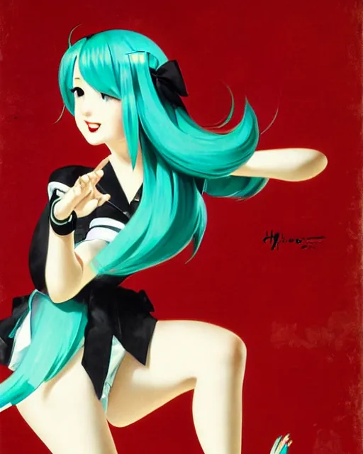 Image similar to hatsune Miku dancing by Gil Elvgren and Enoch Bolle