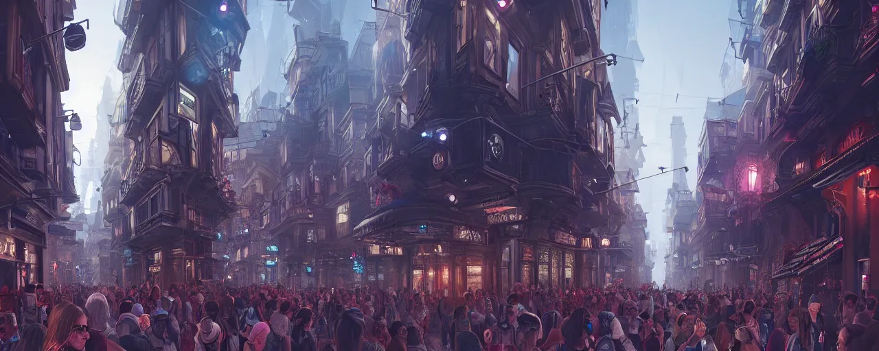 Prompt: an intricate detail of a city street in the metaverse with crowd wearing vr headsets, highly detailed, Artstation, concept art, hyper realistic, cgsociety